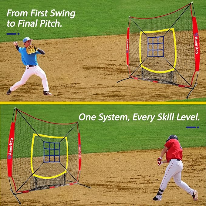 7x7ft Baseball Net with Strike Zone, Large Pocket Baseball Training Net for Hitting/Batting/Pitching/Throwing,Scratch Resistant Base,Indoor/Outdoor Versatile Use for All Levels