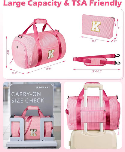Teen Girls Gifts Trendy Stuff, Girl Gym Bag, Kids Initial Overnight Duffel Bags with Shoe Compartment, Personalized Travel Bag with Makeup Pouch, Pink Gift for Daughter Niece (Letter C)