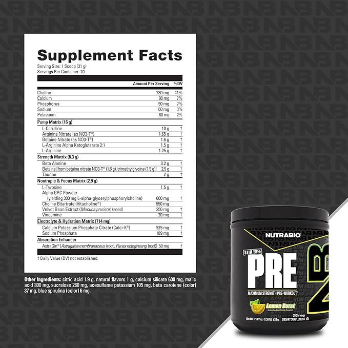 NutraBio STIM-Free PRE Workout for Men, New Formula | Laser Focus, Extreme Pumps | Performance, Endurance | 10g Citrulline, Beta Alanine, Nitrates, Nootropics, Electrolytes - 20 Servings Lemon Burst