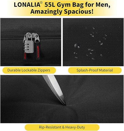 55L Sports Gym Duffle Bag for Men - 22 inch Large Duffel bag for Workout, Travel, Weekender, Fitness (Black)