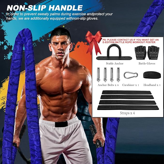 Battle Ropes for Home Gym 1.5Inch Diameter 30FT Lengths Workout Heavy Battle Ropes for Exercise Training Weighted Rope, Working Out Exercise Equipment with Protective Cove - Blue