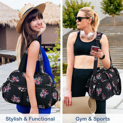 TOPDesign Travel Duffel Bag for Women, Puffer Gym Bag Sports Tote with Wet Pocket, Carry On Weekender with Luggage Sleeve (Flower)