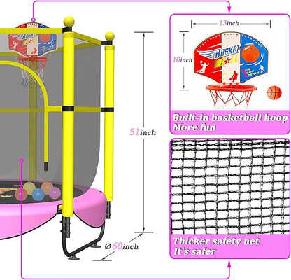 60" Trampoline for Kids, 5 FT Indoor & Outdoor Toddler Baby Trampoline with Basketball Hoop, Safety Enclosure, Birthday Gifts for Kids, Gifts for Boy and Girl, Age 3-8