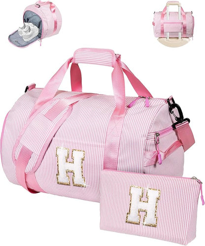 Cool Stuff for Teen Girls, Girl Gym Bag, Kids Initial Overnight Duffel Bags with Shoe Compartment, Personalized Travel Bag with Makeup Pouch, Pink Gift for Daughter Sister Niece (Letter H)