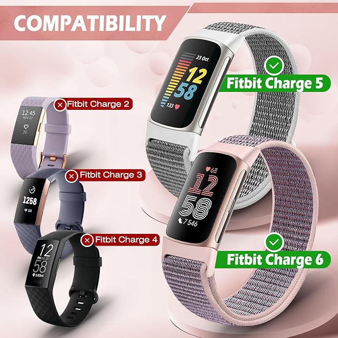 Sport Loop Nylon Watch Bands Compatible with Fitbit Charge 6/5, Adjustable Breathable Replacement Soft Nylon Loop Wristband for Women/Men