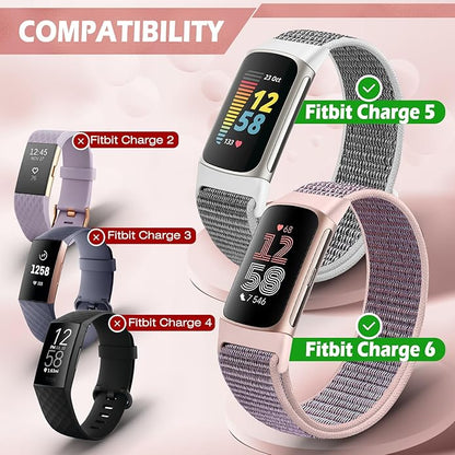 Sport Loop Nylon Watch Bands Compatible with Fitbit Charge 6/5, Adjustable Breathable Replacement Soft Nylon Loop Wristband for Women/Men