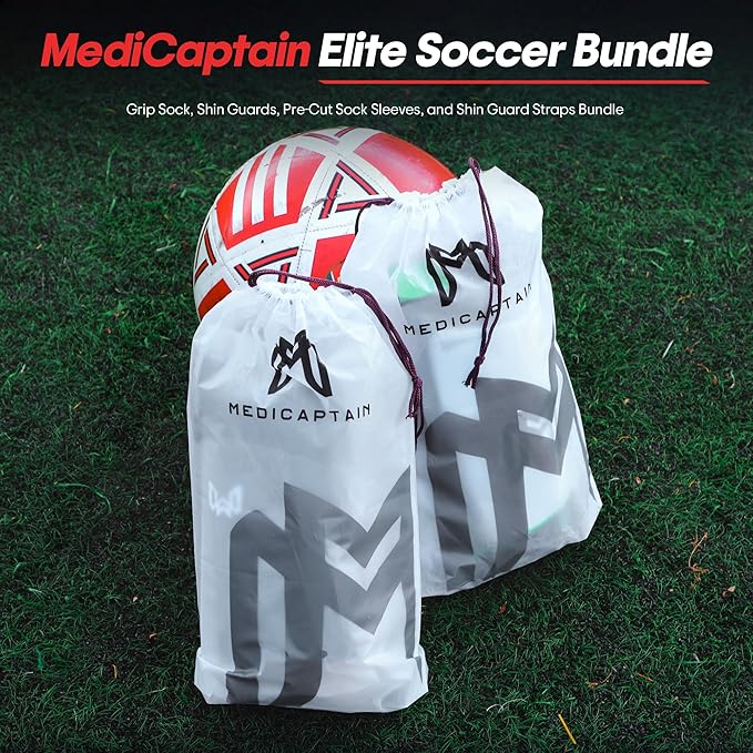 Soccer Grip Socks, Shin Guards, Pre Cut Sock Sleeves, and Guard Straps Bundle Pack - Essential Equipment for Soccer Players - for Mens, Women, Youth, Size 7 to 12 US Men Shoe Size