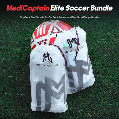 Soccer Grip Socks, Shin Guards, Pre Cut Sock Sleeves, and Guard Straps Bundle Pack - Essential Equipment for Soccer Players - for Mens, Women, Youth, Size 7 to 12 US Men Shoe Size