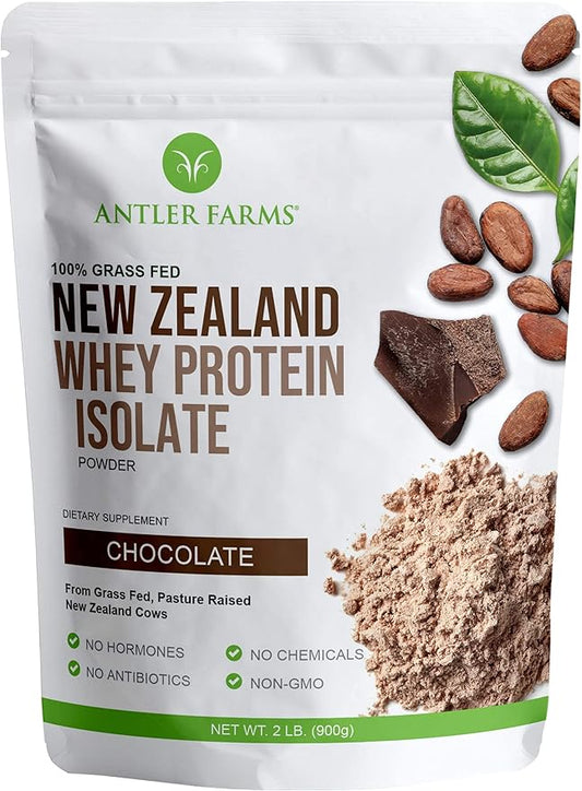 Antler Farms - 100% Grass Fed New Zealand Whey Protein Isolate, Chocolate Flavor, 2 lbs - Pure and Clean, 4 Ingredients, Delicious, Cold Processed