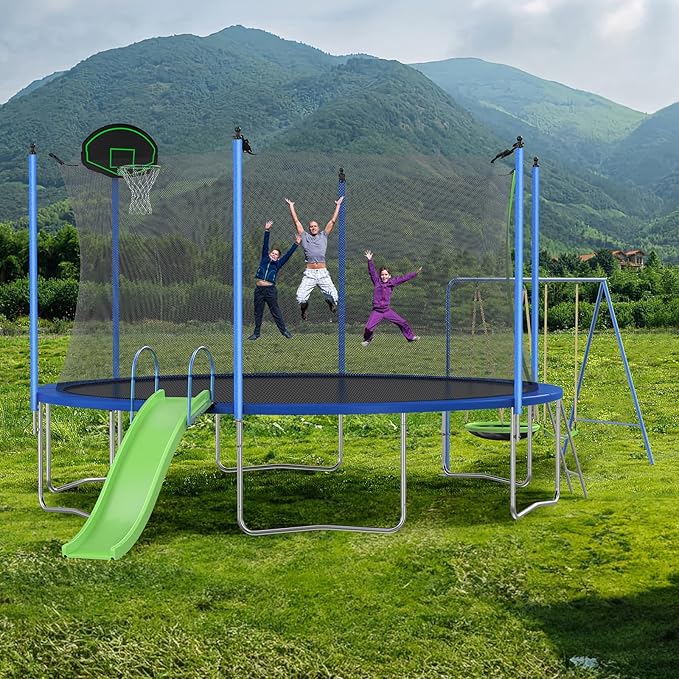 12FT 14FT Trampoline with Slide and Swings, ASTM Approved Outdoor Trampoline with Basketball Hoop and Ladder, Capacity for 5-7 Kids and Adults