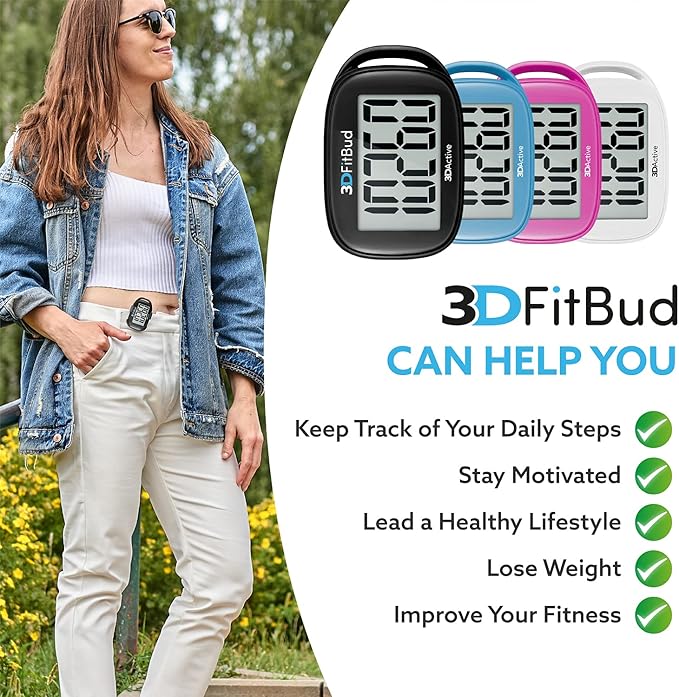 3DFitBud Simple Step Counter Walking 3D Pedometer from 3DActive with Clip & Lanyard - A420S