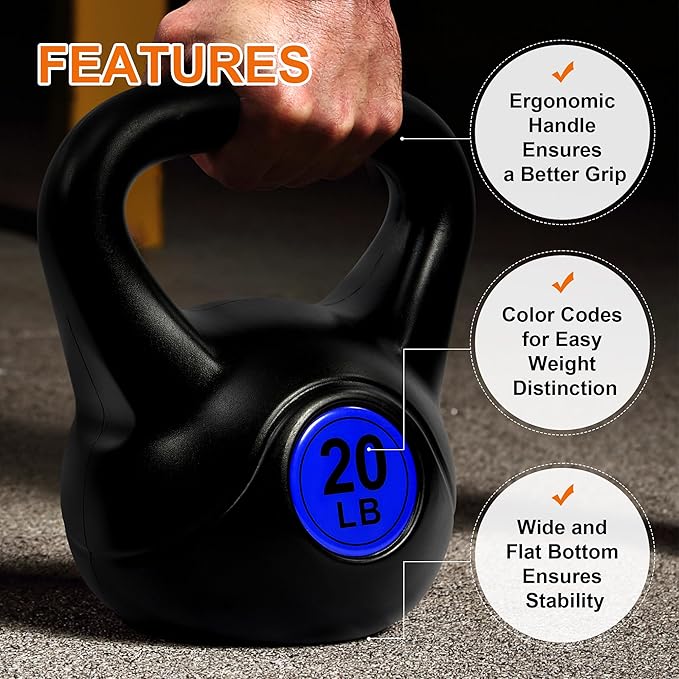 Fitvids Wide Grip 3-Piece or 4-Piece Kettlebell Exercise Fitness Weight Set, Include 5 lbs, 10 lbs, 15 lbs and 20 lbs, Set of 3 or Set of 4