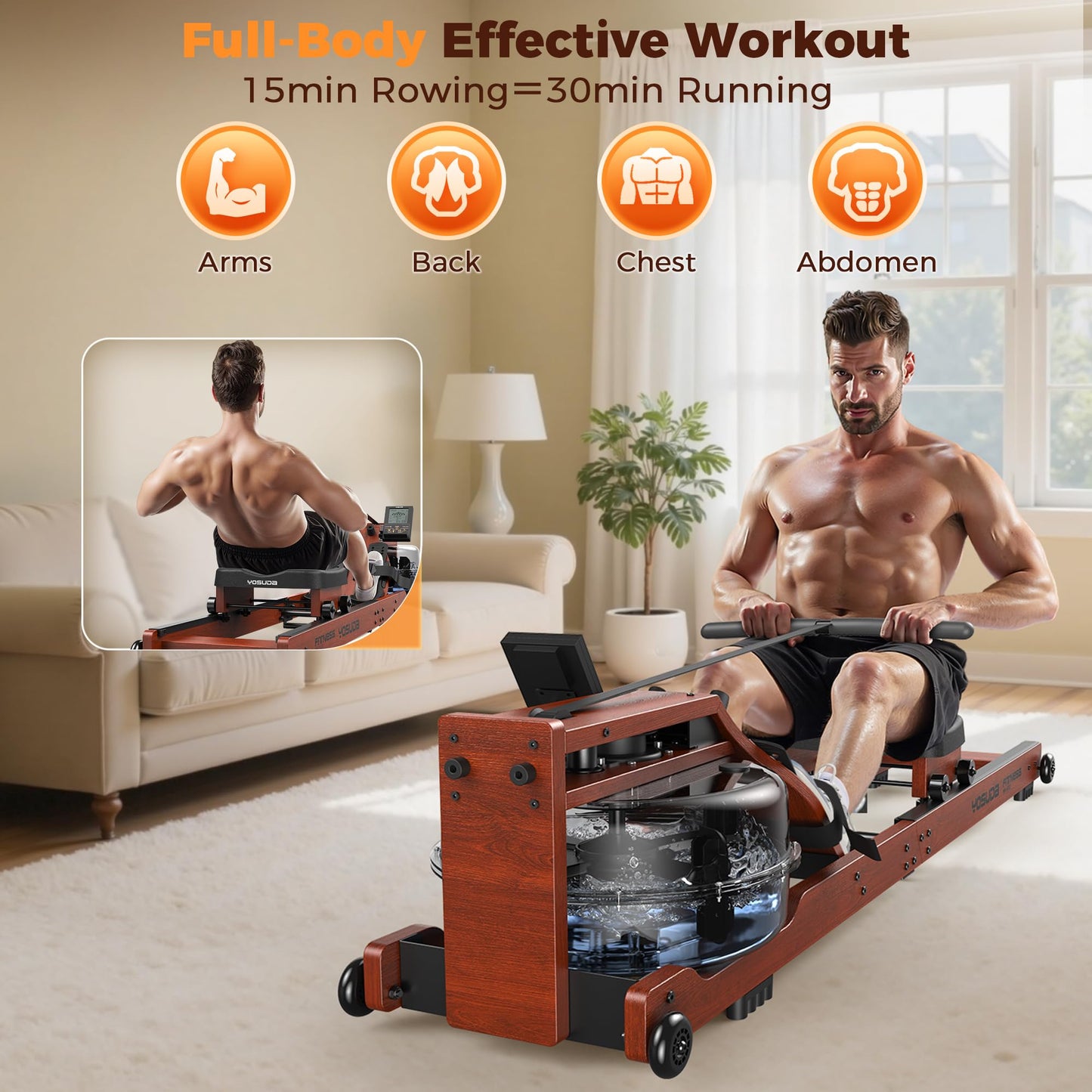 YOSUDA Water Rowing Machines for Home Use-Foldable Wooden Rower Machine 400LBS Weight Capacity with