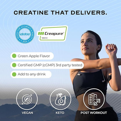Muscle Feast Creapure Creatine Monohydrate Powder, Vegan Keto Friendly Gluten-Free Easy to Mix, Muscle Recovery Supplement, Creatine for Muscle Growth, Flavored Creatine, Natural Green Apple, 300g