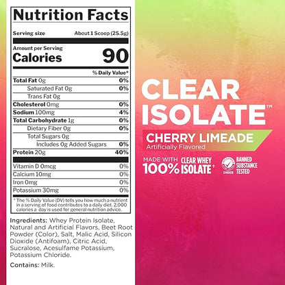 Rule 1 Clear Whey Isolate - 20g All-whey Isolate Protein, Over 9g EAAs, 300mg of Electrolyte Minerals, 90 Calories, Light, Crisp, and Refreshing Taste (27 Servings, Cherry Limeade)
