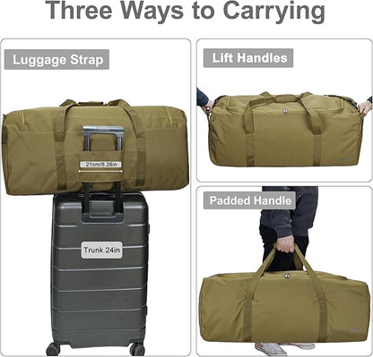 Large Duffle Bag 100L, Travel Duffel Bag for Men, Water & Tear Resistant Travel Bag, Extra Large Moving Bags Women Weekender Bag Overnight for Sports Travel Essentials, Camping Gear Storage (Khaki)