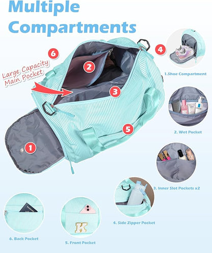 Teen Girls Gifts Trendy Stuff, Girl Gym Bag, Kids Initial Overnight Duffel Bags with Shoe Compartment, Personalized Travel Bag with Makeup Pouch, 6 Year Old Birthday Gift Ideas (Letter J)