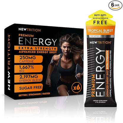 NewTrition® Extra Strength Energy Shots, 250mg Caffeine Energy Shots with Vitamin B & Amino Acids, Sugar-Free Vitamin Energy Shot, 1.7 fl oz (Pack of 6, Tropical Burst)