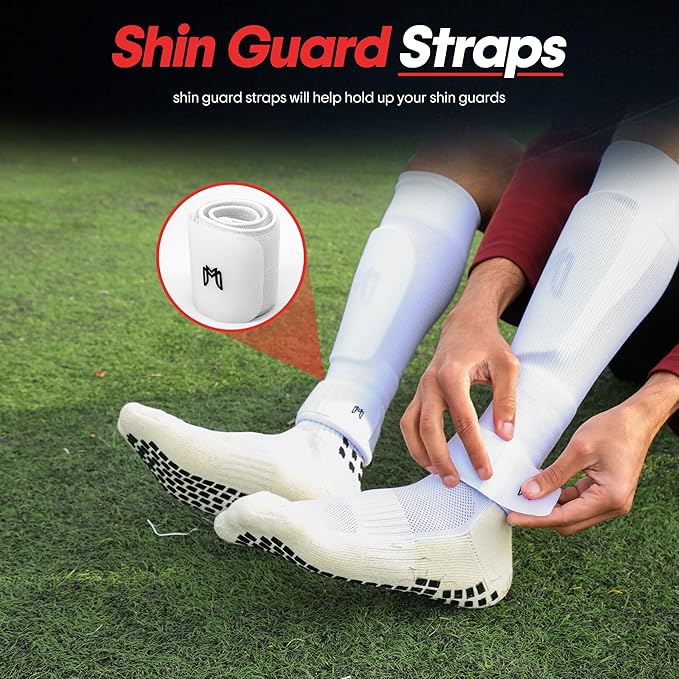 Soccer Grip Socks, Shin Guards, Pre Cut Sock Sleeves, and Guard Straps Bundle Pack - Essential Equipment for Soccer Players - for Mens, Women, Youth, Size 7 to 12 US Men Shoe Size