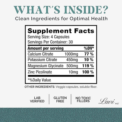 Lavi MD Potassium Magnesium Zinc Calcium Supplement ??Premium Support for Bone & Muscle Health ??Promotes Optimal Calcium Absorption ??Magnesium Potassium Zinc Aspartate ??120 Capsules