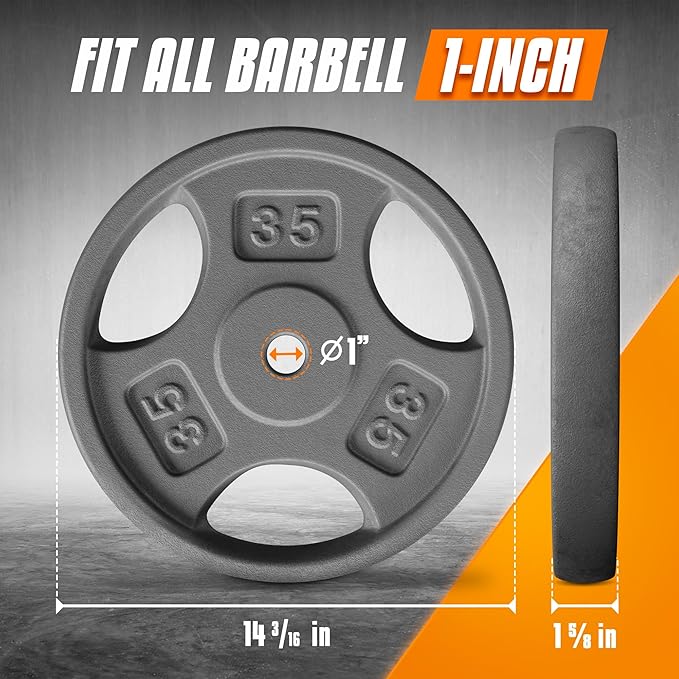 Yes4All Standard 1-Inch Grip Weight Plates, Cast Iron with Multiple Sizes from 2.5 lb to 35 lb for Strength Training, Weightlifting & Muscle Toning