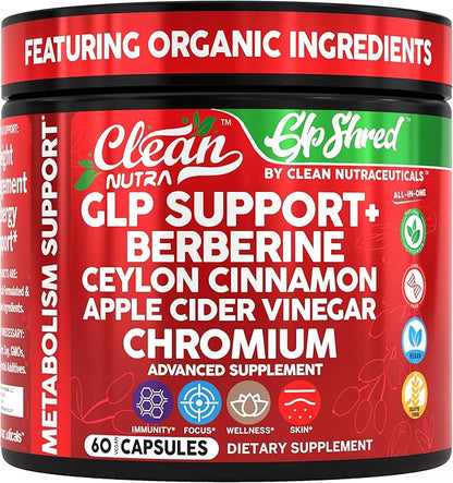 GLP1 Supplement Berberine Ceylon Cinnamon Apple Cider Vinegar Chromium Turmeric PCOS Supplements Immunity & Metabolism Support 60 Vegan Capsules by Clean Nutra