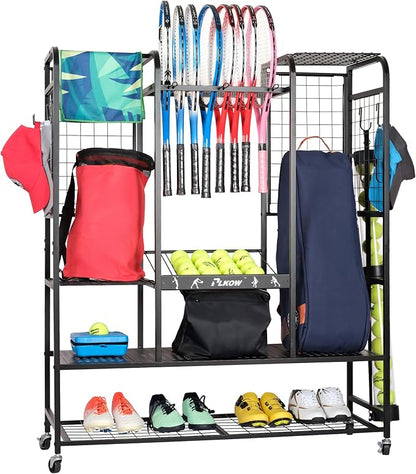 PLKOW Tennis Bag Organizer Tennis Racket Storage Rack, Tennis Equipment Holder for Bags, Balls, Racquet & Accessories, Versatile Gear Organizer for Garage, Club, or School