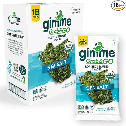 Gimme Seaweed Grab & Go Organic Premium Roasted Seaweed Snacks, Sea Salt, 18 Count Trayless, Keto
