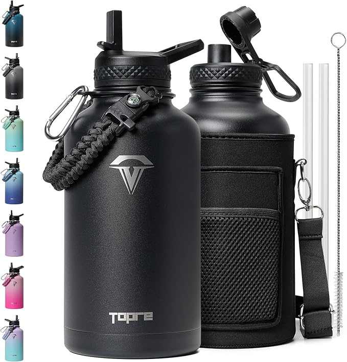 64oz Insulated Water Bottle,Half Gallon Water Flask Stainless Steel Vacuum, Cold for 48 Hrs,BPA-Free & Leakproof -with Paracord Handle,Strap,Straw Spout Lids,Large Jug for Gym Sports,Black