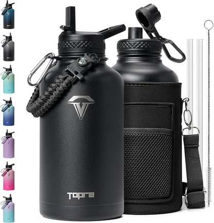 64oz Insulated Water Bottle,Half Gallon Water Flask Stainless Steel Vacuum, Cold for 48 Hrs,BPA-Free & Leakproof -with Paracord Handle,Strap,Straw Spout Lids,Large Jug for Gym Sports,Black
