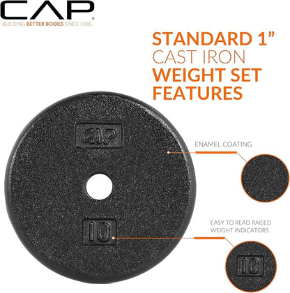 CAP Barbell Standard 1-Inch Cast Iron Weight Plates - Singles & Sets | 1.25-50 lbs | Multiple Options