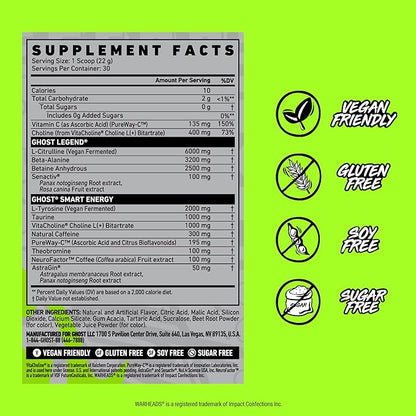GHOST Legend Pre-Workout Powder, Warheads Sour Watermelon - 30 Servings ??Pre-Workout for Men & Women with Choline, L-Citrulline, & Beta Alanine for Energy & Focus