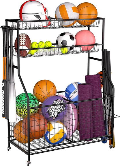 Ultrawall Sports Equipment Organizer, Large Capacity Garage Ball Storage Outdoor Toy Organizer, Ball Cart with Wheels for Football, Basketball