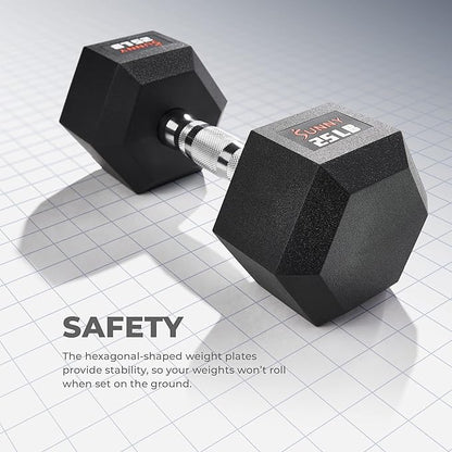 Sunny Health & Fitness Hex Style Dumbbell 5 LBS TO 50 LBS Chrome Handles, Hand Weight for Strength Training, Home Gym, Exercise, Workout Equipment Multiple Size Options