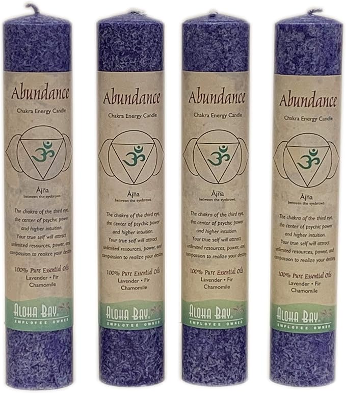 Premium Scented Candle Hand Made Chakra Energy Pillar | 4-Pack | Abundance, Ajna | Yoga, Prayer & Meditation Candle | Long Burn 15 Hours | Essential Oils of Lavender, Fir & Chamomile | Aloha Bay