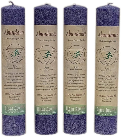 Premium Scented Candle Hand Made Chakra Energy Pillar | 4-Pack | Abundance, Ajna | Yoga, Prayer & Meditation Candle | Long Burn 15 Hours | Essential Oils of Lavender, Fir & Chamomile | Aloha Bay