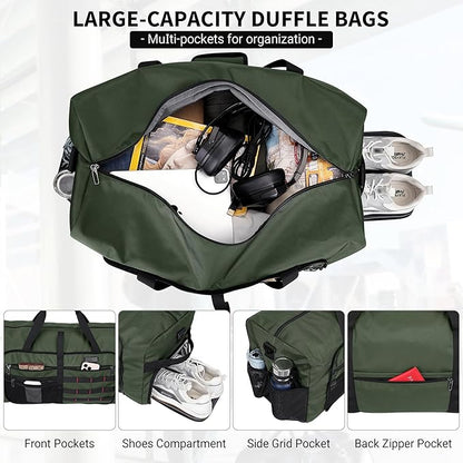 WITZMAN Foldable Duffle Bag for Travel 65L Lightweight Packable Duffel Bag with Shoes Compartment Overnight Bag for Men Women (B697 Army Green）