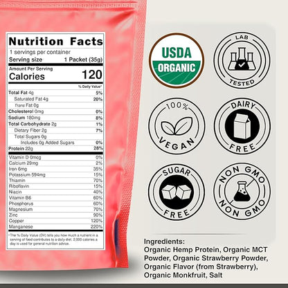 Organic Hemp Protein Powder, Plant Based and Vegan Protein Shake, Lactose and Dairy Free, Gluten Free, Clean and Natural- Strawberry (1 Serving)