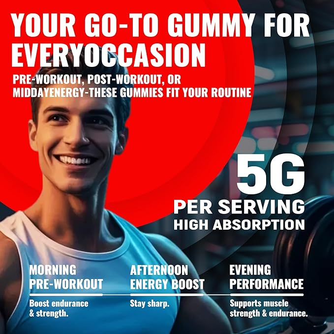 Creatine Monohydrate Gummies (5g) – Pre-Workout Energy & Muscle Growth Support for Men & Women | Strawberry Electrolyte Gummies (135 Count)