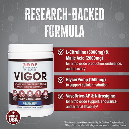 Vigor - Stimulant-Free Nitric Oxide Pre-Workout Powder | L-Citrulline (5000mg), Malic Acid (2000mg), GlycerPump (1500mg)| Blue Raspberry| 30 Servings, 13.86g Each | Made in The USA