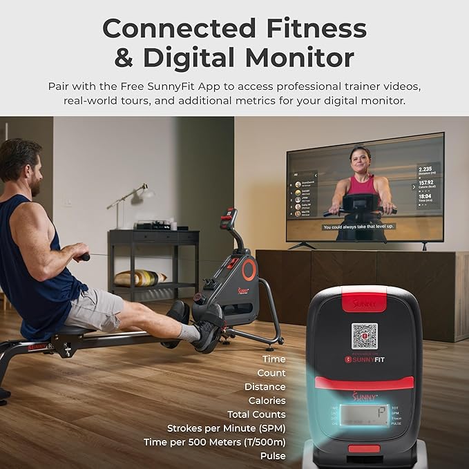 Sunny Health & Fitness Magnetic Rowing Machine for Home Exercise, Quiet & Smooth Rower with Compact Storage and Optional Free SunnyFit App Connectivity