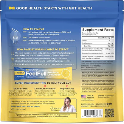 Daily Nouri FeelFull Prebiotic Fiber Drink Mix | Supports Natural Fullness, Appetite & Cravings Control, Gut & Metabolic Health | Oligofructose, Glucomannan & Chromium | 30 Stick Packs