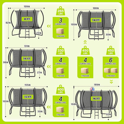 8FT 10FT 12FT 14FT 16FT Trampoline with Pop-up Quick Connector and Basketball Hoop, Trampoline Outdoor with Enclosure, Ladder, ASTM Approval for Kids and Adults