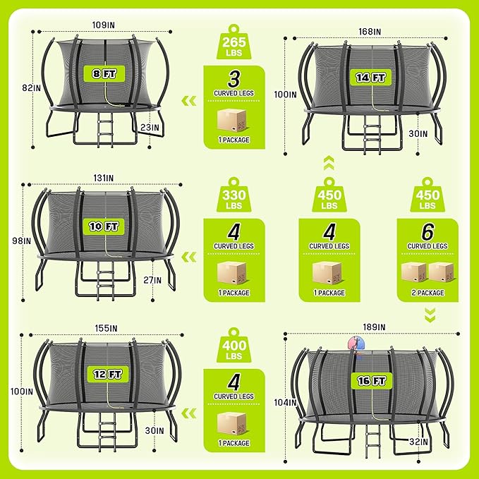 8FT 10FT 12FT 14FT 16FT Trampoline with Pop-up Quick Connector and Basketball Hoop, Trampoline Outdoor with Enclosure, Ladder, ASTM Approval for Kids and Adults