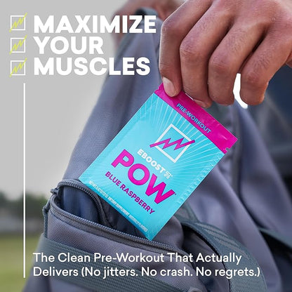 EBOOST POW Natural Pre Workout Powder - 15 Packets, Blue Raspberry - Preworkout Energy Booster Gym Supplement Drink Mix for Men and Women - Performance, Joint Mobility Support - Gluten-Free