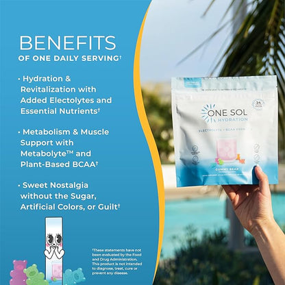 One Sol BCAA & Electrolyte Powder for Hydration & Energy, All-Natural Formula, 100% Vegan, Non-GMO, Gluten Free & Soy-Free, Promotes Muscle Growth & Recovery, Gummy Bear Flavor