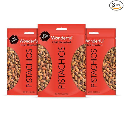 Wonderful Pistachios No Shells, Chili Roasted Nuts, 11 Ounce Bag (Pack of 3), Protein Snacks, Gluten Free, Healthy Snacks for Adults