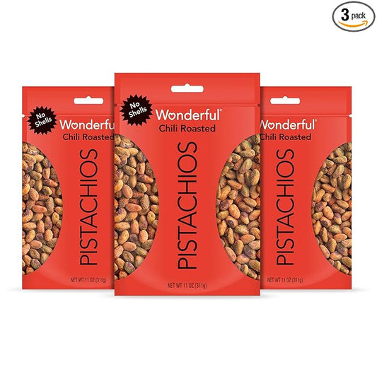 Wonderful Pistachios No Shells, Chili Roasted Nuts, 11 Ounce Bag (Pack of 3), Protein Snacks