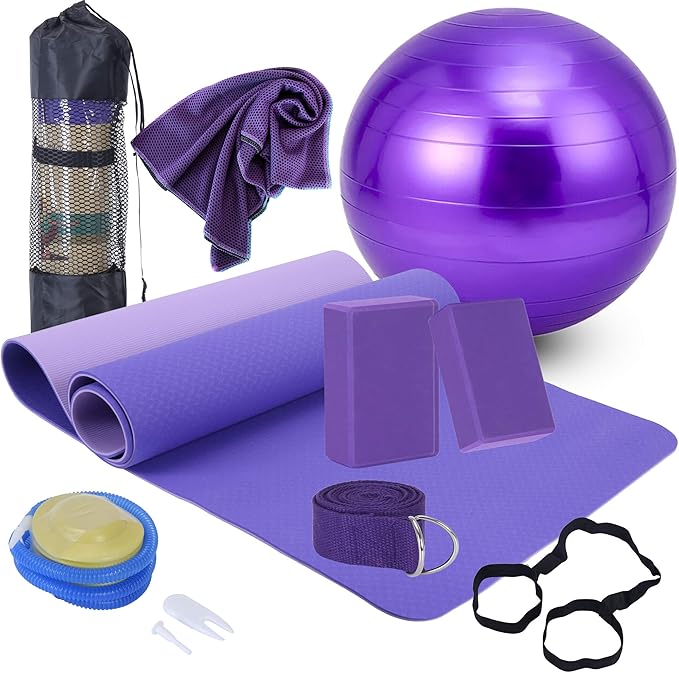 Yoga Starter Kit - 11-Piece Set with Yoga Blocks, Strap, Ball, Mat, Carrying Strap, Net Bag, Cooling Towel