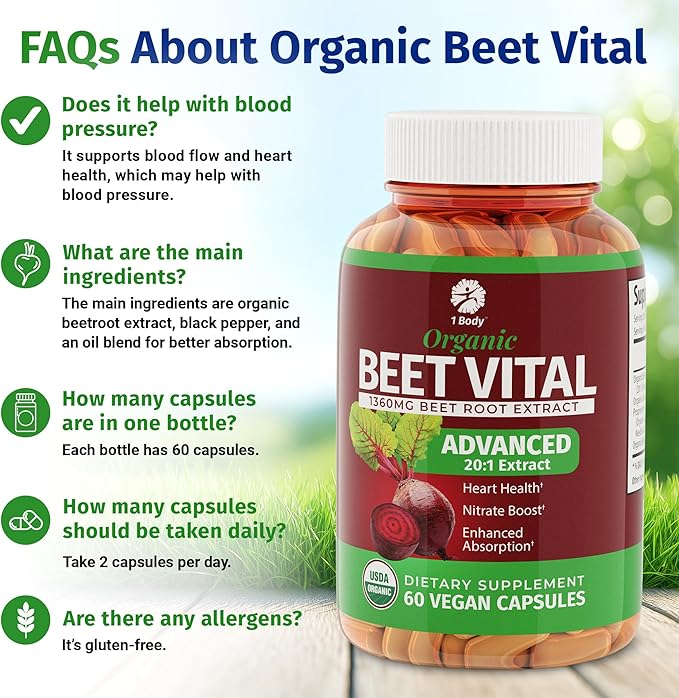 1 Body Beet Vital, Organic Beetroot Supplements for Circulation, Energy, & Stamina, Nitric Oxide Booster Beets Supplements with 1360mg Beetroot Extract, Vegan, Non-GMO, 60 Organic Beet Root Capsules